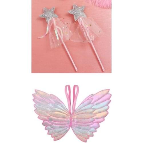 Party Favor kids wings glitter star magic wands dress up cosplay fairy gradient color butterfly wing tassel sequins wand pink