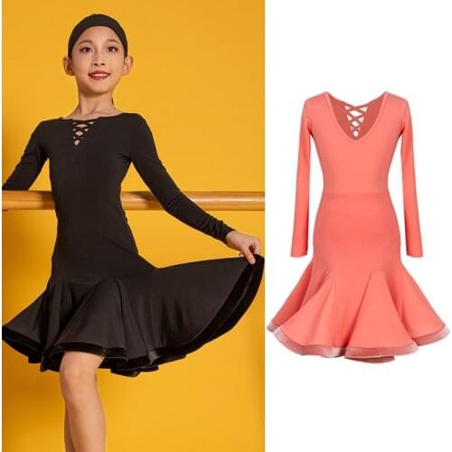 New Latin Dance Dress Girls Latin Practice Clothes Kids Cha Cha Samba Rumba Performance Costume Long Sleeve Black Dress BL5286