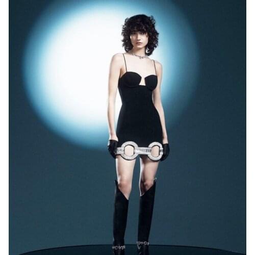 Free Shipping Wholesale Womens Dress Black Spaghetti Strap Rhinestone Strapless Sexy Celebrity Cocktail Party Bandage Dress