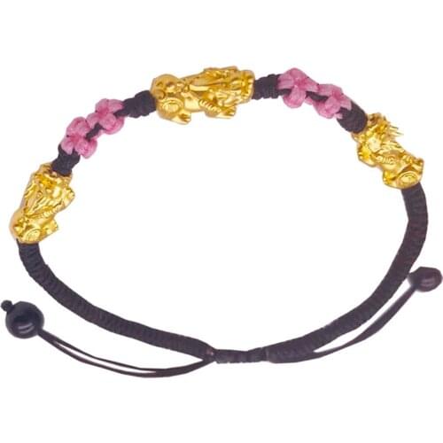New 999 Real 24K Yellow Gold Woman Luck Bless Pixiu with Flower Cord Weave Bracelet 0.5gx3