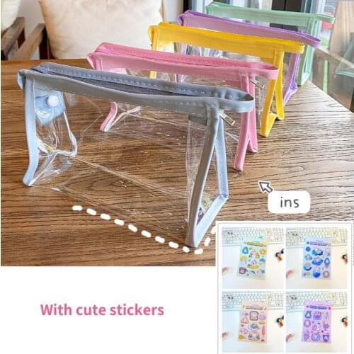 Transparent Cosmetic Bag For Women New Large-Capacity Waterproof Cute Stickers Pvc Triangle Toiletry Bag Make Up Storage Bag