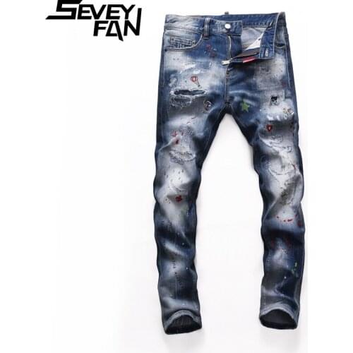 SEVEYFAN Mens Ripped Embroidery Jeans Distressed Washed Slim Pencil Denim Pants Streetwear