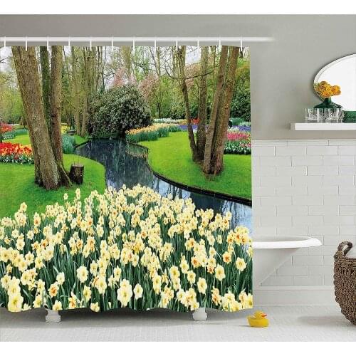 Spring Decor Shower Curtain Flower Garden in Recreation Park with Fresh Grass Field and Pond Nature Scene Fabric Bathroom Decor