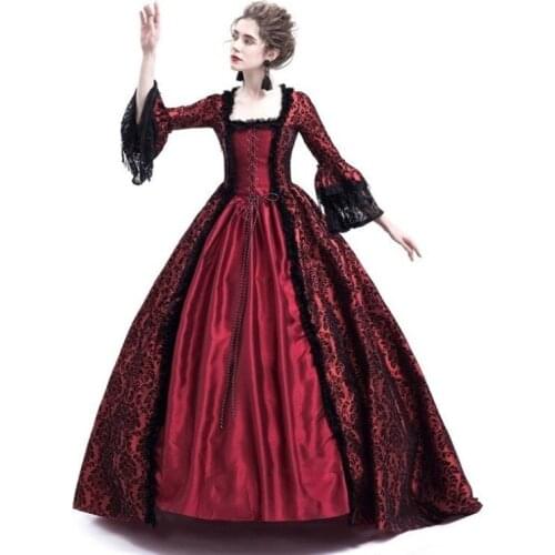 Medieval Renaissance Vintage Gothic Maxi Gown Dress Adult Women Halloween Carnival Outfit Floor Length Court retro Lace Dress