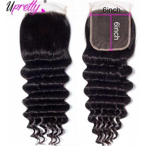 Upretty Hair 6x6 Closure Pre Plucked Brazilian Loose Deep Wave Swiss Lace Closure Natural Black 10-20" Remy Human Hair Closure