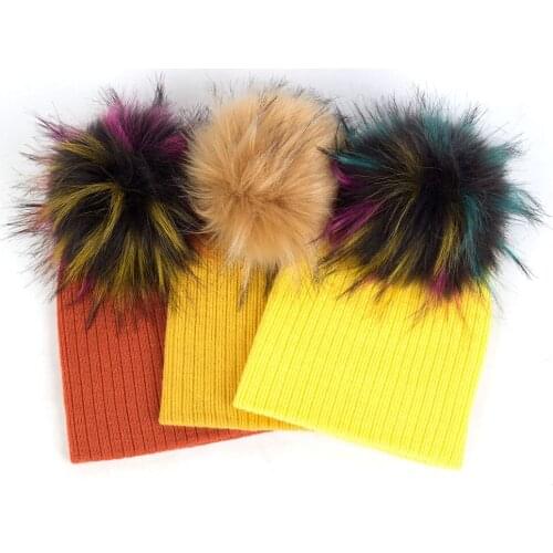 Candy Color Kids Beanies Warm Faux Fur Pompom Ribbed Beanies Hats Baby Hat Newborn Baby Girls Boys Soft Cute Cotton Hats