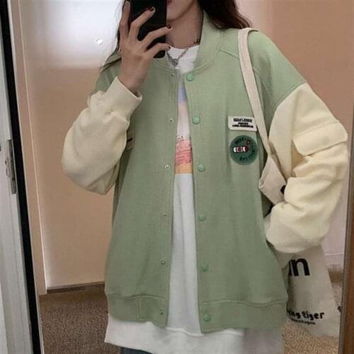 Green Baseball Jacket Women Long Sleeve Crew Neck Pocket Splice Jackets Girls Korean Style Casual Loose Baseball Uniform