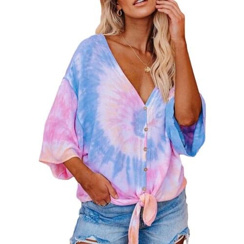 2020 New Hot Fashion Women V Neck Loose Tops Breathable Casual Bat Wing Button Down T Shirts Tie Dye Print Knot Front Tops