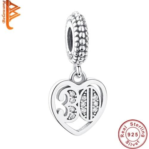Wholesale 925 Sterling Silver Fashion Heart 30 Year Old Charm With CZ Bead Fit Original Bracelet Women DIY Jewelry Birthday Gift