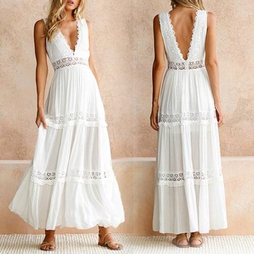 Women Sexy Deep V Neck Elegant White Lace Dresses Backless Hollow Out Summer Long Maxi Dresses Female Clothing