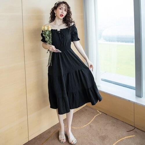 2021 Casual Short Sleeve Off shoulder Beach Vacation Midi Dresses black Vintage solid Women Summer Dress Vestidos sexy dress