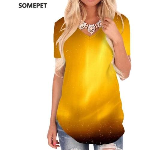 SOMEPET Gold T-shirt women Galaxy Funny T shirts Abstract Shirt Print Harajuku V-neck Tshirt Womens Clothing Punk Rock Printed