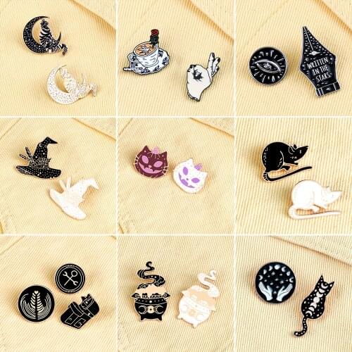 2-3Pcs/lot White Black Color Enamel Pins High Quality Magic Hat Cat Pen Brooches Men Coat Lapel Pin Badges Jewelry Gift for Frie