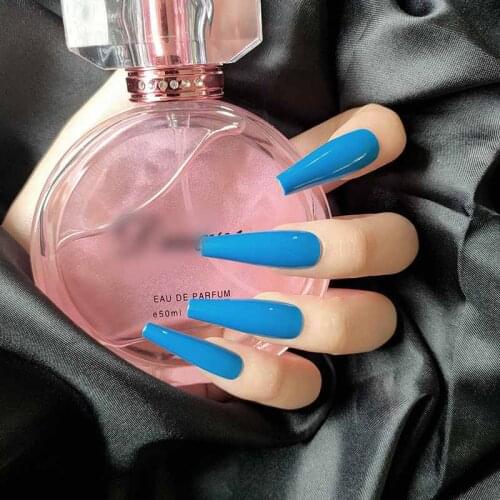 24pcs fake long fingernail Malachite blue Ballerina Nails detachable False Nail Tips With Glue Press on Nails Art