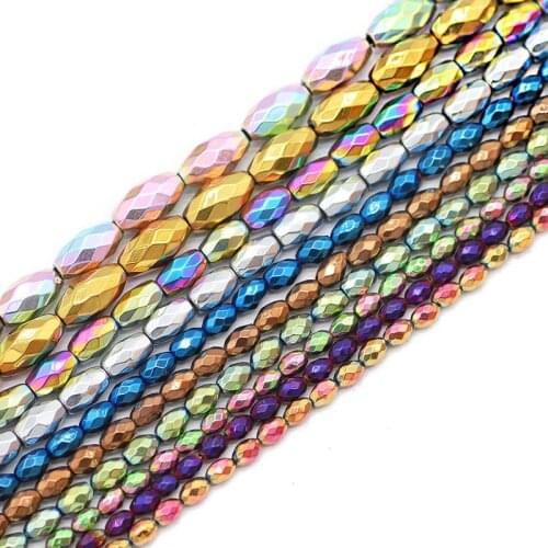 3/4/6MM Faceted Rice Grains Shape Oval Hematite Natural Stone Blue,Gold,Green Spacer Loose Beads For Jewelry Making Diy Bracelet