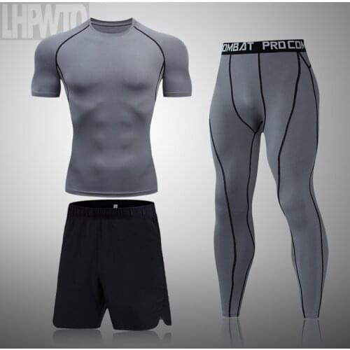 Mens sportswear suit gym tights training clothing for men workout jogging compression sports 3Pcs/set fitness running tracksuit