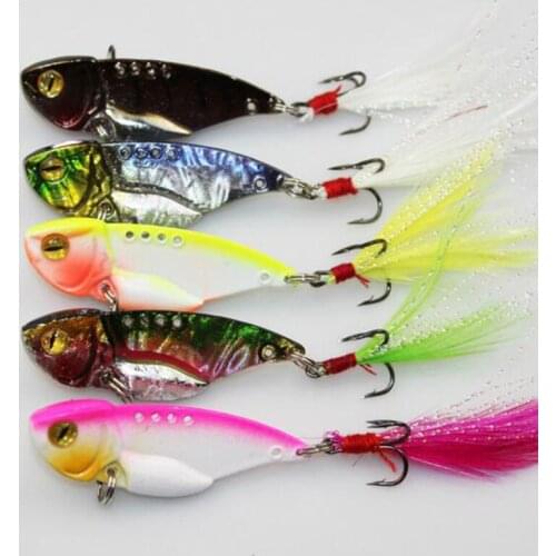 5Pcs Metal Vib Fish Lure 5cm 11g With Feather Jigging Bait Spinner Swimbait Fishing Tackle