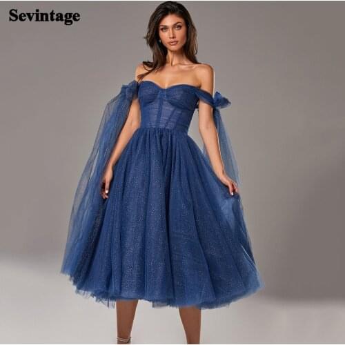 Sevintage Shiny Dark Blue Tulle Short Homecoming Dresses Corset Back Princess Prom Party Gowns Off Shoulder Graduation Dress