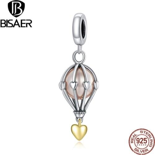 BISAER Hot Air Balloon Beads 925 Sterling Silver Pink Shell Pearl Charms Pendant Fit DIY Bracelet For Women Fine Jewelry EFC397