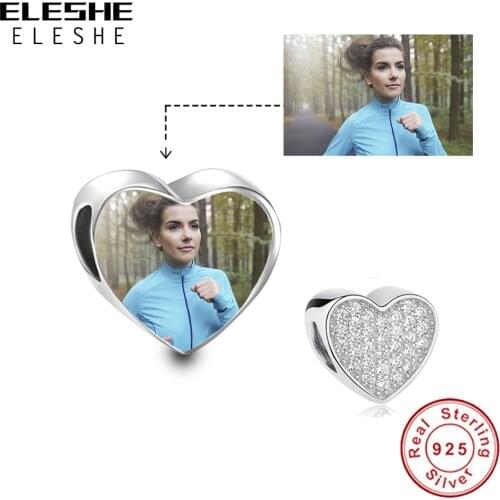 ELESHE Personalized 925 Sterling Silver Bead Charm Fit Original Bracelet DIY Custom Photo Crystal Heart Beads Jewelry Making