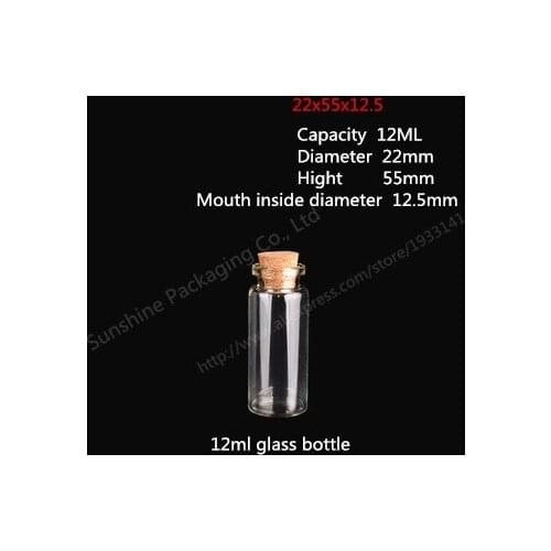 Hot sale 500pcs/lot 12ml Clear Glass Bottle with Wood Cork, 12cc Crimp Neck, Storage,Decorative, Craft,Wishing Bottle
