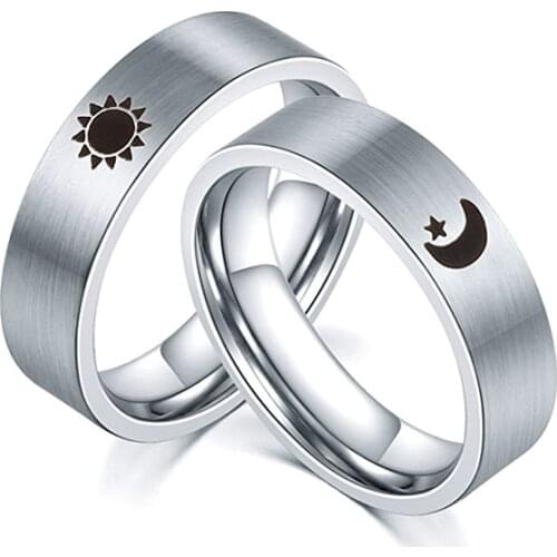 Sun and Moon Star Couple Rings Lover Promise Wedding Bands for Women and Men Fashion Jewerly Party Gift Stainless Steel Ring 6mm