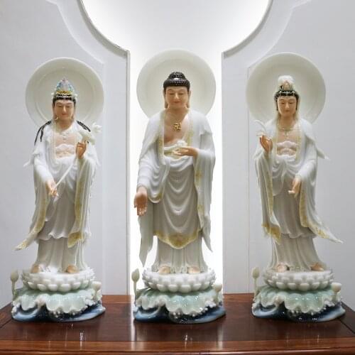 A set 3P Asia high grade Buddha statue HOME shrine protection Buddhism XI FANG SANSHENG jade Guan yin Amitabha Mahasthamaprapta