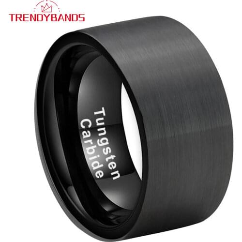 Black Men Ring 12MM Tungsten Wedding Band With Satin Finish And Comfort Fit