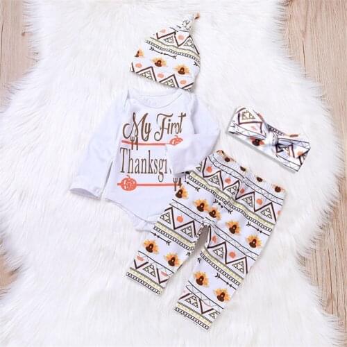 Spring Autumn Clothes Baby Girls Boys Clothes My 1st Thanksgiving Outfits Infant Long Sleeve Romper Tops+Pants+Hat+Headband Set