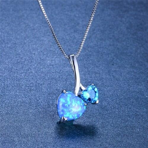 Cute Female Small Heart Pendants Necklaces Boho White Blue Fire Opal Necklace Vintage Silver Color Necklaces For Women