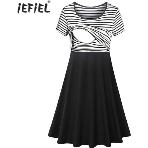 Pregnant Women Casual Breastfeeding Nursing Dress Summer Short Sleeve Loose Striped Feeding Dress Pregnancy Maternity Dresses