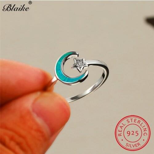 Real s925 Sterling Silver Moon Star Ring Blue Fire Opal Rings For Women Open Wedding Bands Thin Ring Minimalistic Fine Jewelry