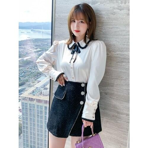 High quality Bowknot bubble sleeve contrast Lapel single breasted shirt 2021 summer new