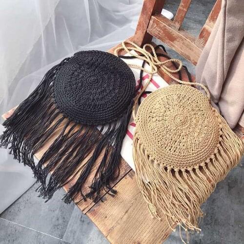 Hand-woven bag straw bags straw bags tassel female bag cotton thread beach mini diagonal round diagonal bag