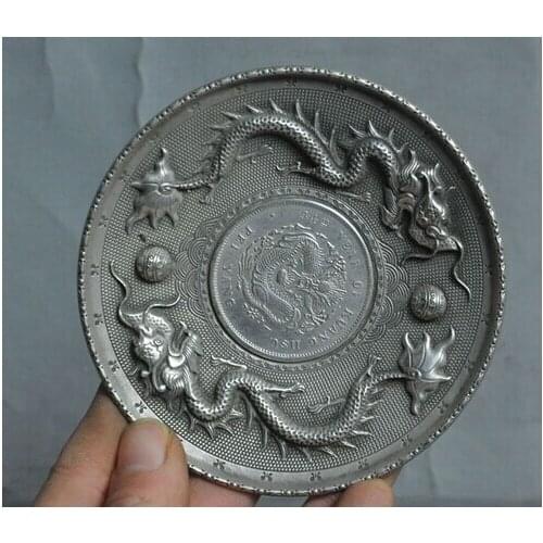 Good Lucky Home furnishings antiques collection End white copper inlay silver dollar Dragon playing pearl plate