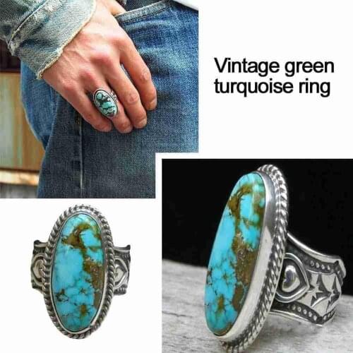 Vintage Green Turquoise Ring For Women Fashion Jewelry Antique Big Oval Carved Flower Ring For Party Club Engagement Gift