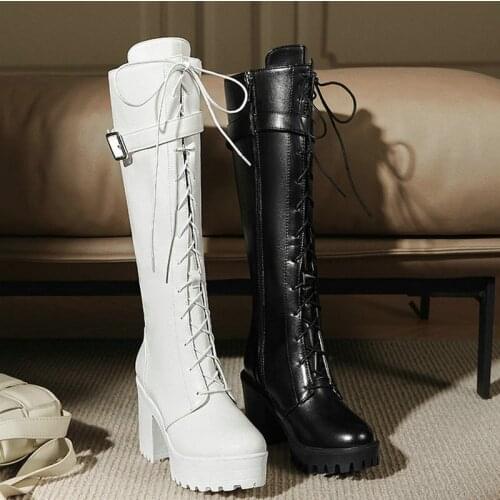 Platform Square Heel Women Knee High Boots Fashion Cross Tied Buckle Women Boots Zipper Ladies Motorcycle Boots Female Shoes