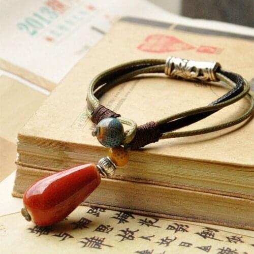 Women Men Ceramic Bracelet Water Drop Flower Glaze Beads Leather Bangles Bohemian Female Jewelry Link Chain Adjustable Accessory