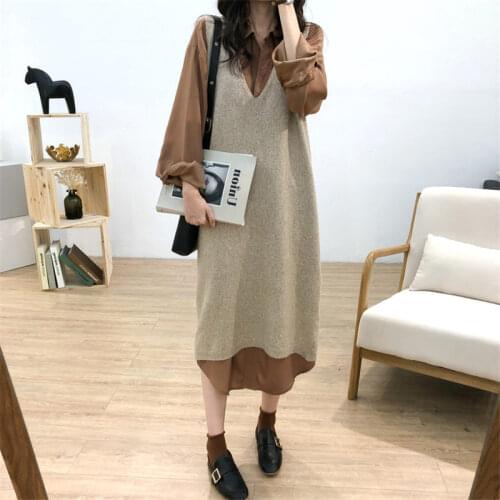 Loose Lazy V-neck Knit Vest Female Korean Simple Large Size Casual Long Paragraph Sleeveless Sweater Bottoming Dress Blusa f2449