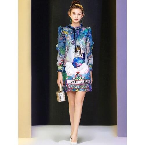 2021 summer new womens dress fashion high-end fungus collar ruffled mid-waist print mini long-sleeved dress