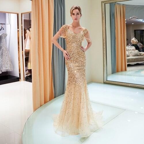 2020 Sexy Gold Sequin Evening Gown V Neckline Mermaid Evening Party Dresses Luxury Women Beaded Party Dresses