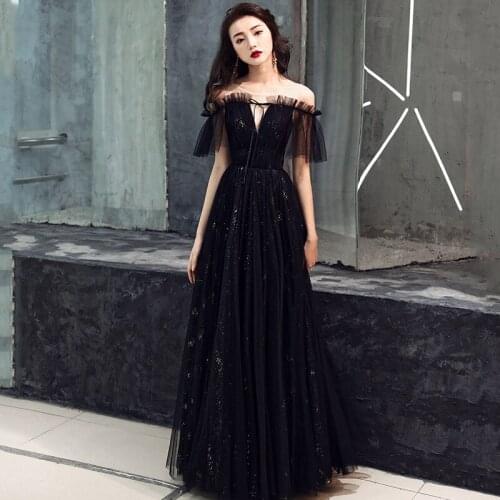 Vintage Dinner Evening Dress Ladies Noble and Elegant One-shoulder Black Ball Gown Long Annual Meeting Host Prom Dress A204