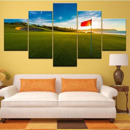 Canvas Paintings Printed 5 Pieces Golf Course Coast Wall Art Canvas Sunset Landscape Pictures For Living Room Bedroom Home Decor