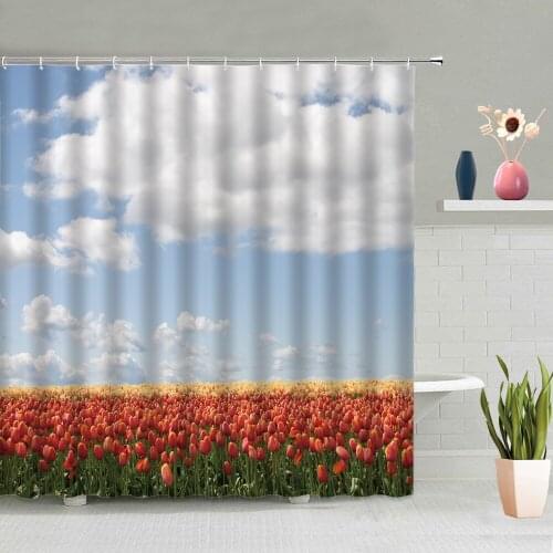 Flowers Shower Curtain Tulip Lavender Blue Sky White Cloud Sunset Ocean Mountain Background Decoration Washable Fabric With Hook