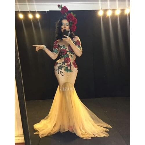Multicolor Stones Rose Flowers Red Green Rhinestones Long Dress Stage Wear Nude Stretch Nightclub Female Singer Evening Outfit