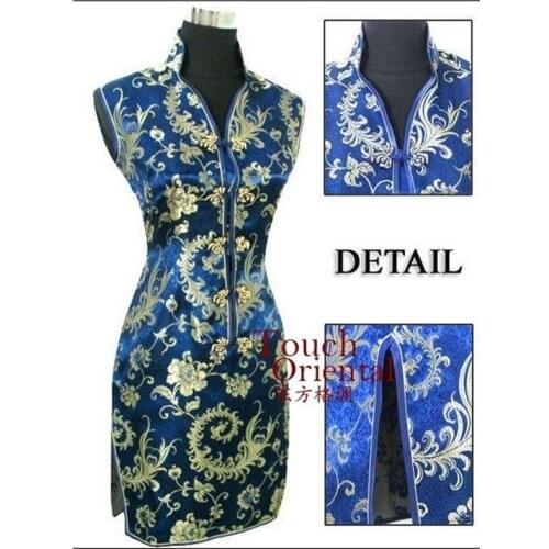 Elegant Navy Blue Ladies Satin Cheongsam Fashion Mini Qipao Novelty V-Neck Dress Flower S M L XL XXL XXXL Mujere Vestido