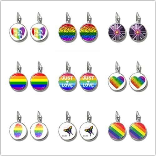 Gay Pride Rainbow French Hooks Earrings Lesbian LGBT 16mm Glass Dome Cabochon Silver-Plated Jewelry For Women Men Lovers Gift