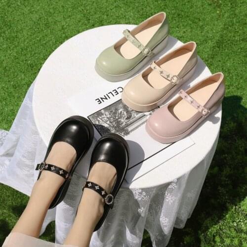 ZawsThia Sweet Kawaii Girls Shoes Green Pink Buckle Strap Round Toe Mary Janes Office Lady Platform Flats Women Shoes Size 34-43
