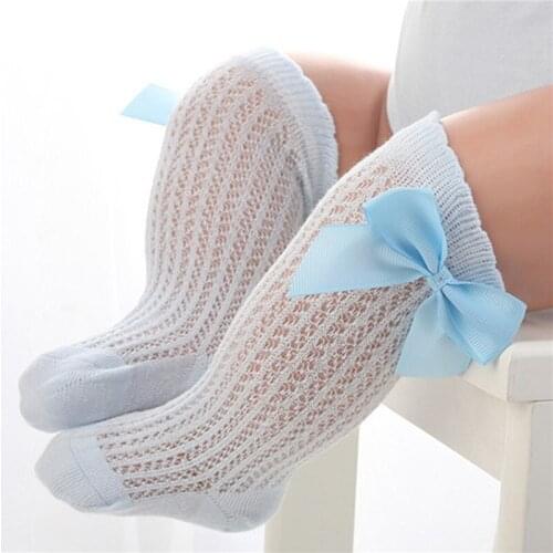 Summer Kids Socks Solid Color Bowknot Knee High Baby Girls Socks Hollow Out Breathable Anti Slip Baby Socks