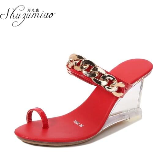 SHUZUMIAO New Women Slippers Summer Wedge Sandals Sexy Metal Chain Design Female Pinch Flip Flop Pumps Sandalia Zapato Mujer